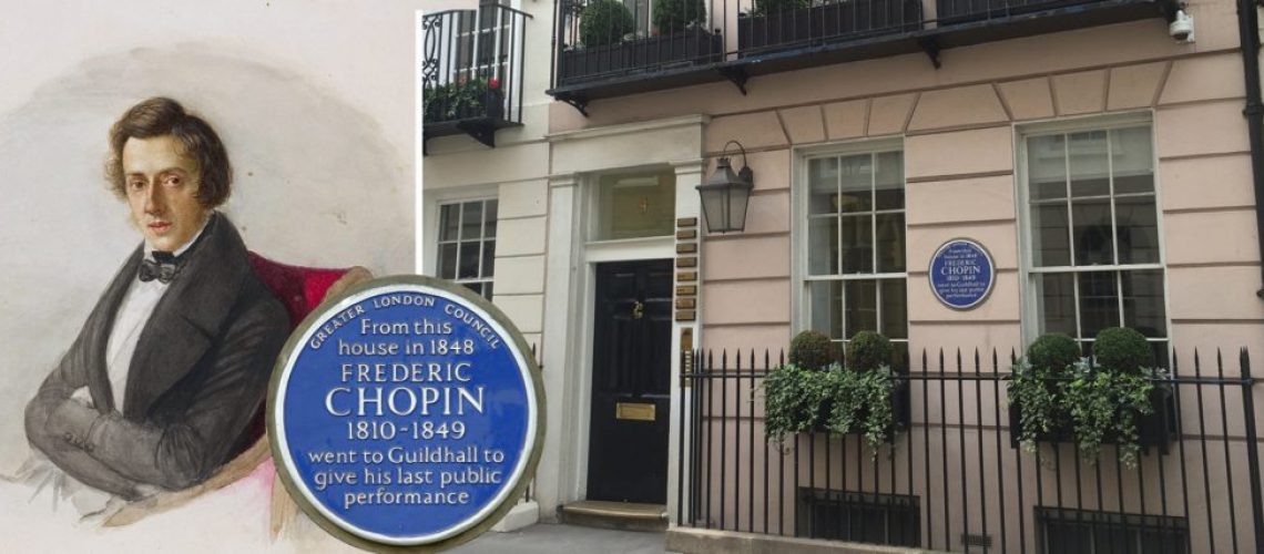 Portrait of Chopin and house in St James's Place with blue plaque